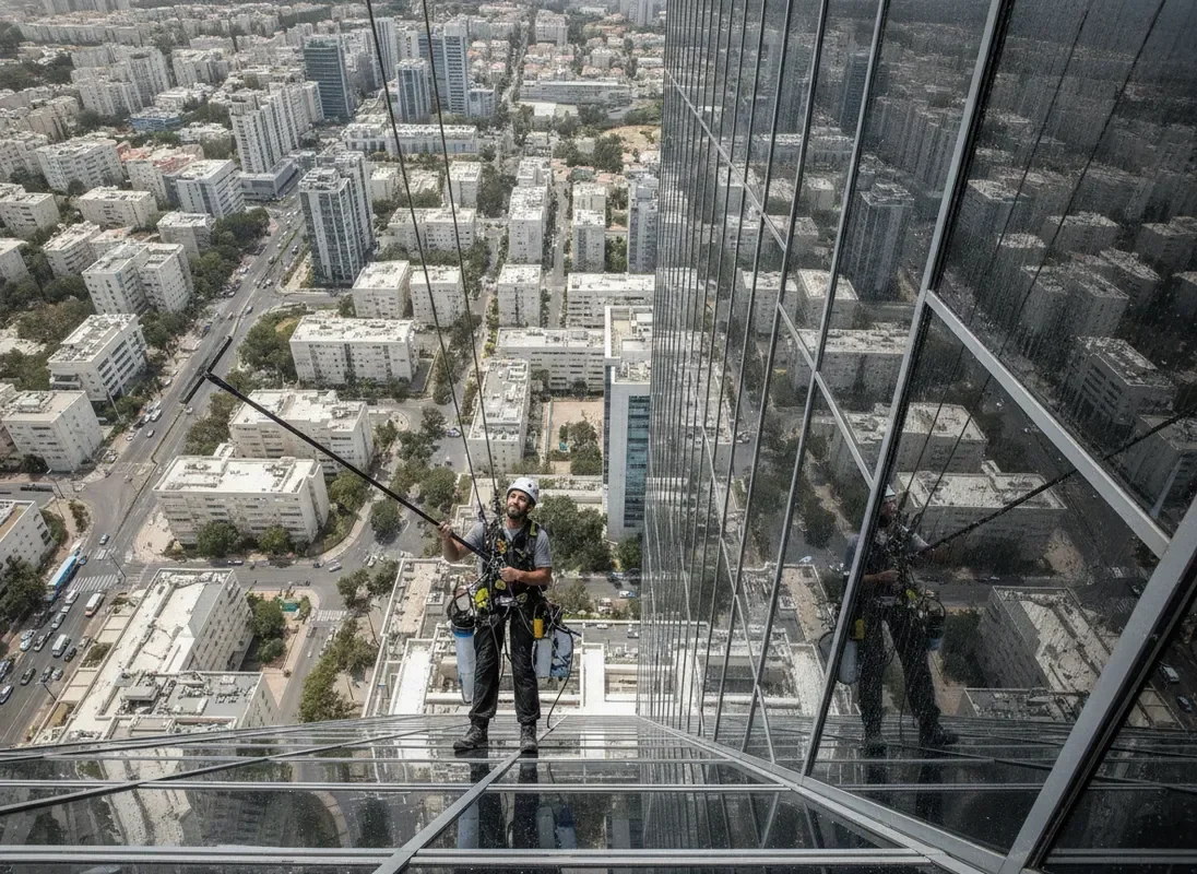 צוות גלישה טכנית של פרוצס מנקה חלונות בגורד שחקים